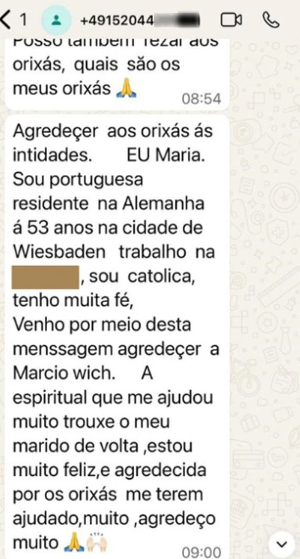 Depoimento de cliente enviado por WhatsApp
