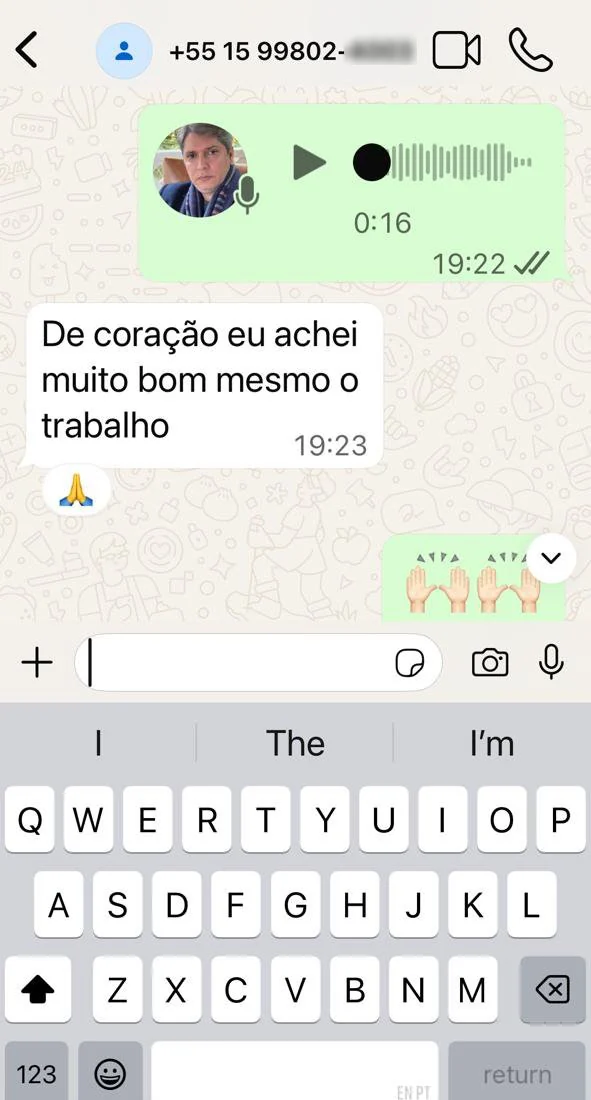 Depoimento de cliente enviado por WhatsApp